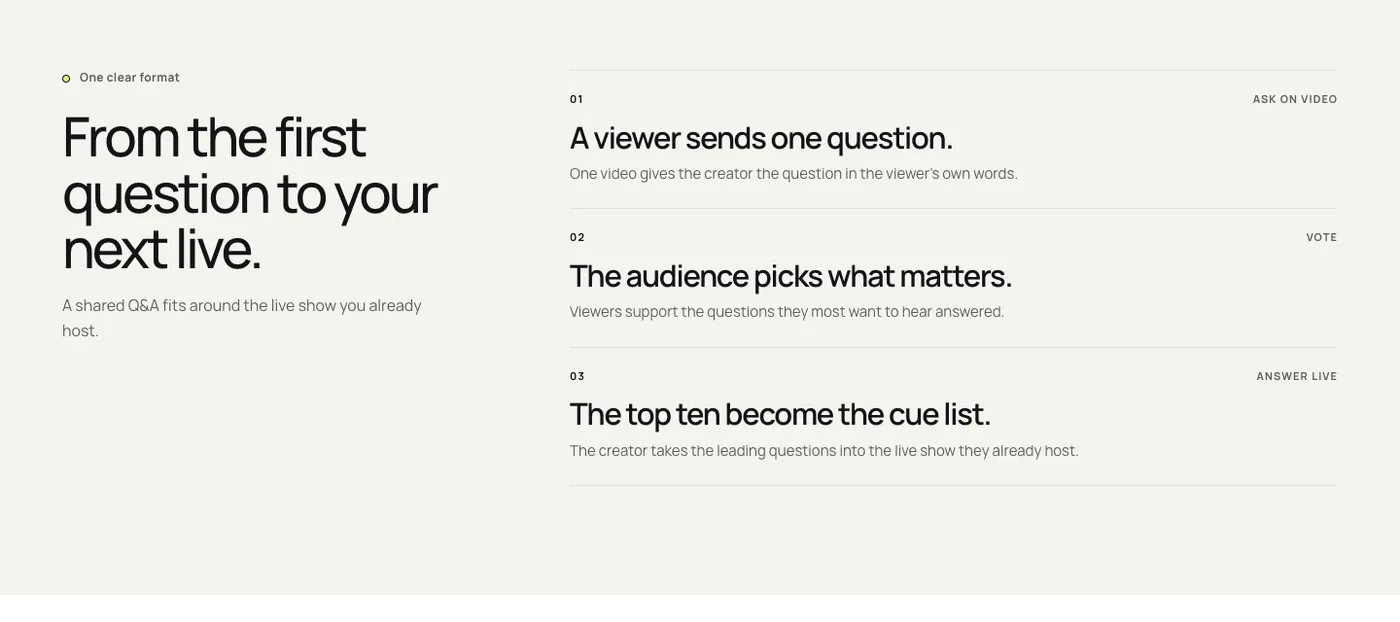 One clear format: ask on video, vote, answer live