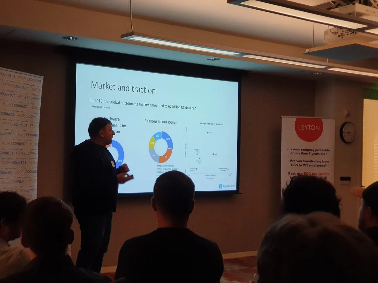 Oleg Sotnikov presenting AppMaster market traction at a PeopleConnect startup event
