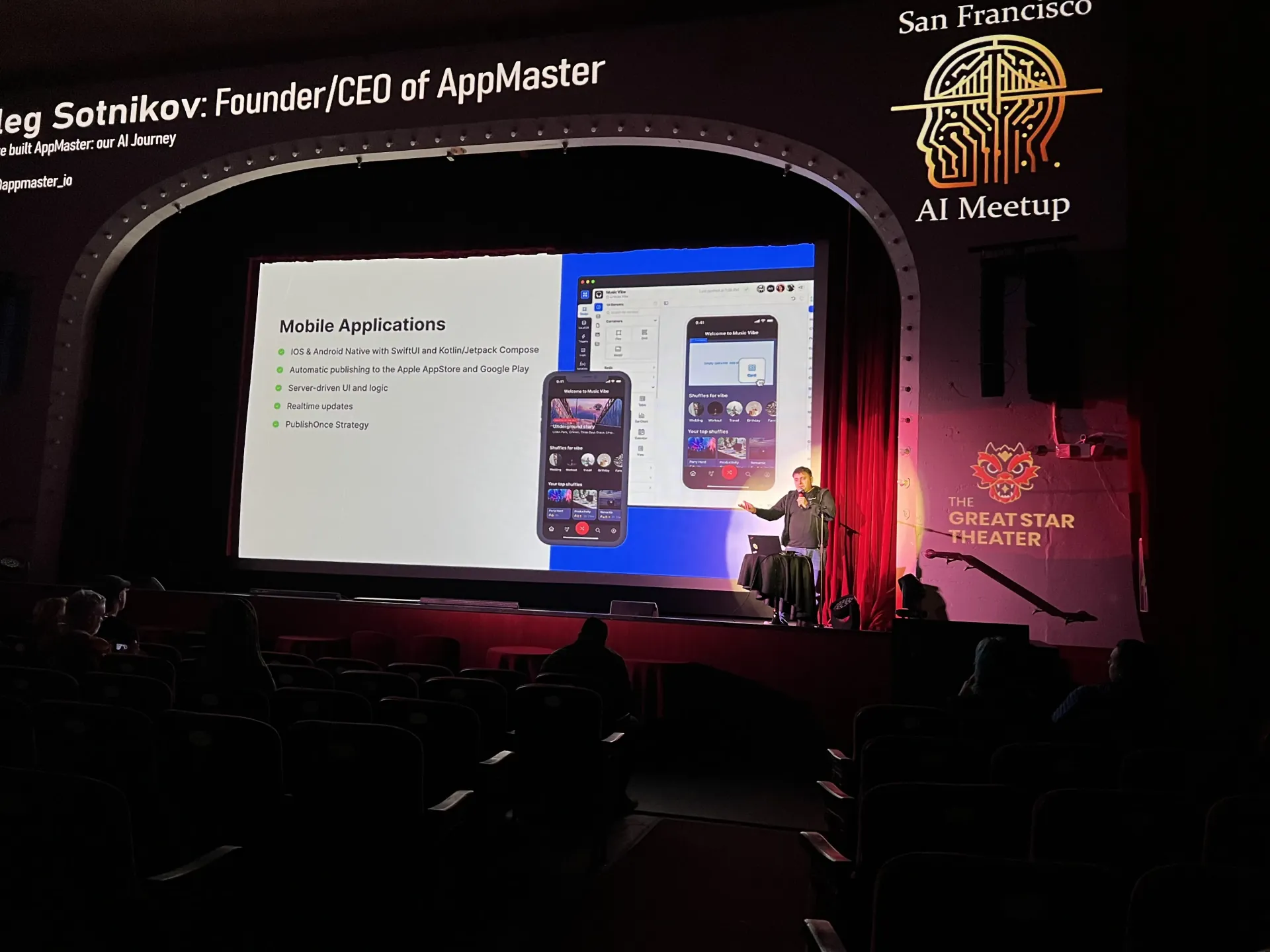 Oleg Sotnikov giving the "How we built AppMaster: our AI journey" talk at the San Francisco AI Meetup, Great Star Theater