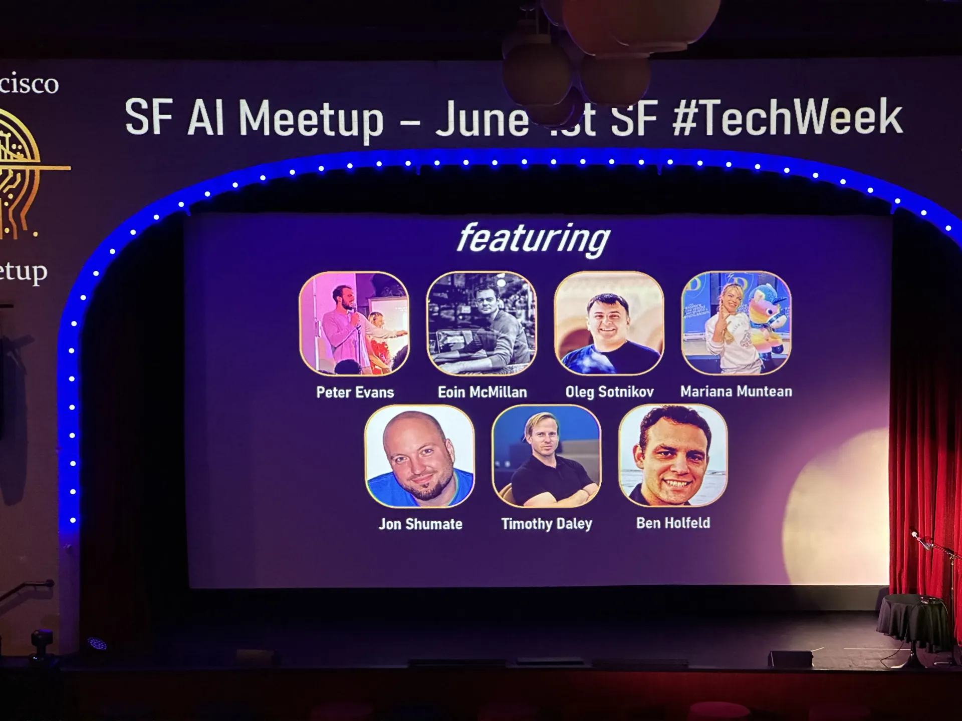 Speaker lineup slide featuring Oleg Sotnikov at the Great Star Theater, Chinatown, San Francisco