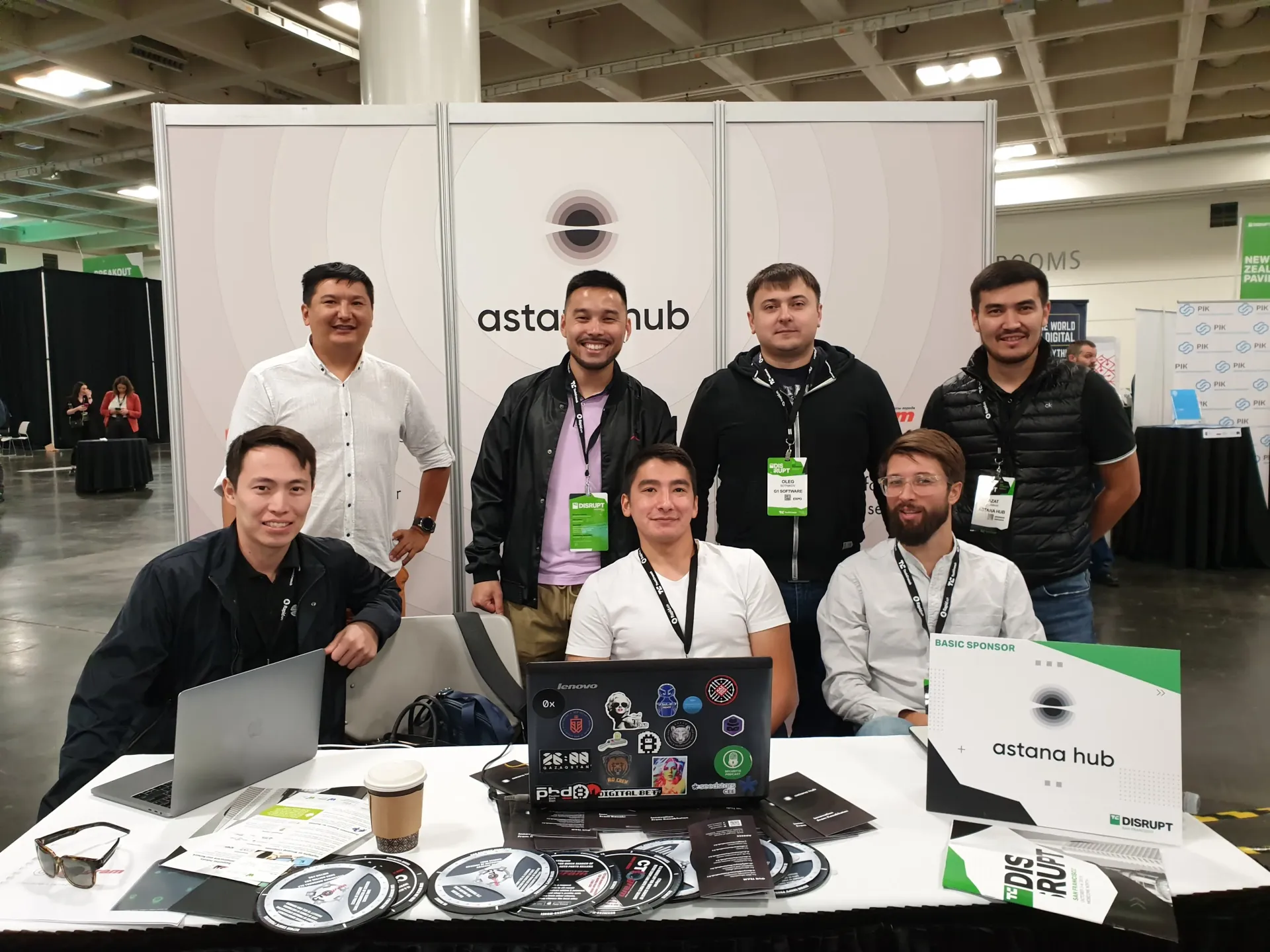 Oleg Sotnikov at TechCrunch Disrupt in San Francisco with the Astana Hub team