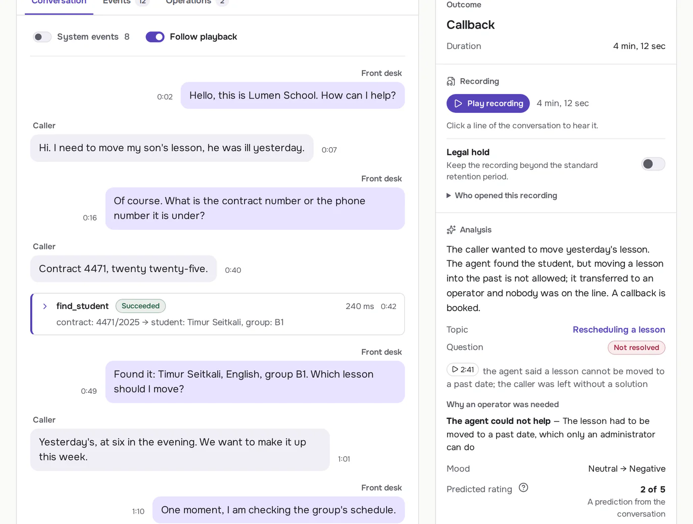 A call's transcript with the API operation the AI ran mid-call, and the analysis with a predicted rating