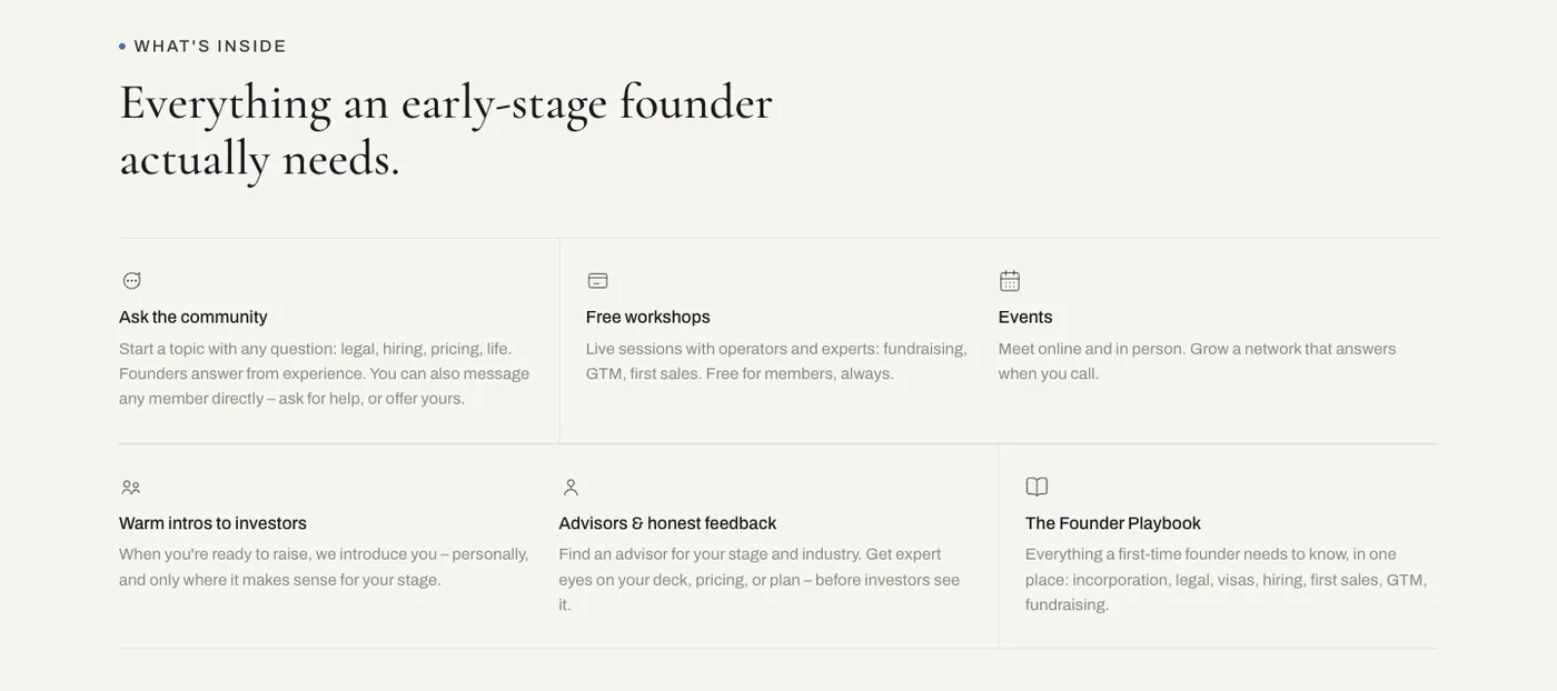 What is inside: the community, workshops, events, investor intros, advisors and the Founder Playbook