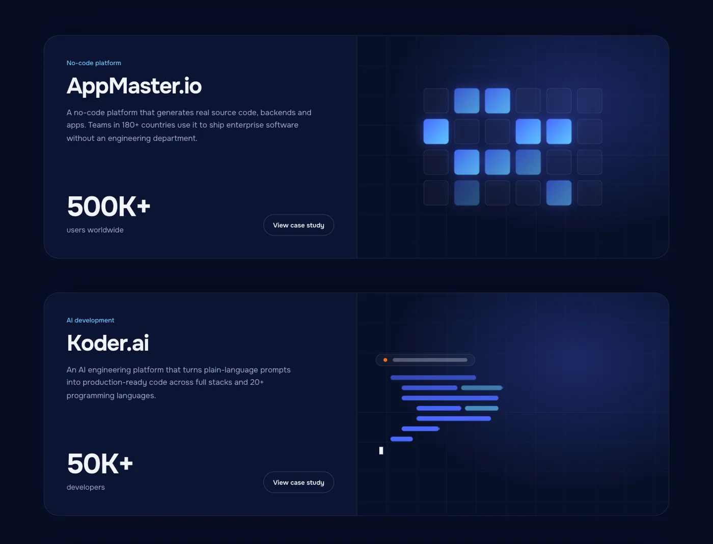 Featured work: AppMaster.io and Koder.ai