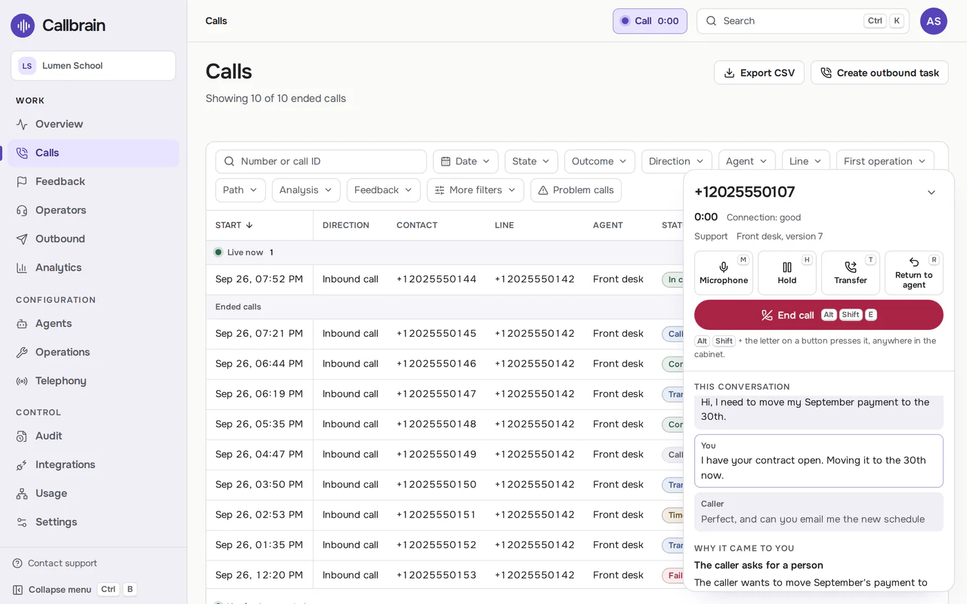 The browser softphone during a transferred call, with the reason the call came to the operator