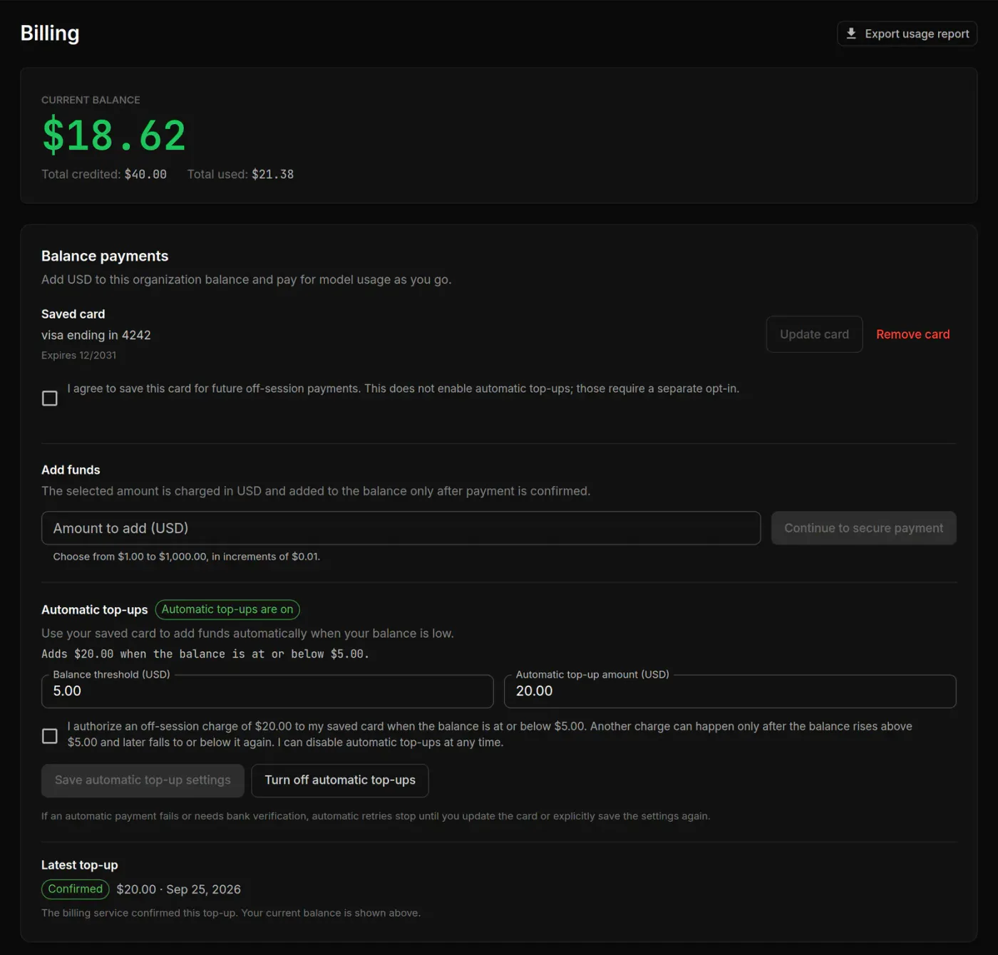 Billing: the balance, card payments and automatic top-ups